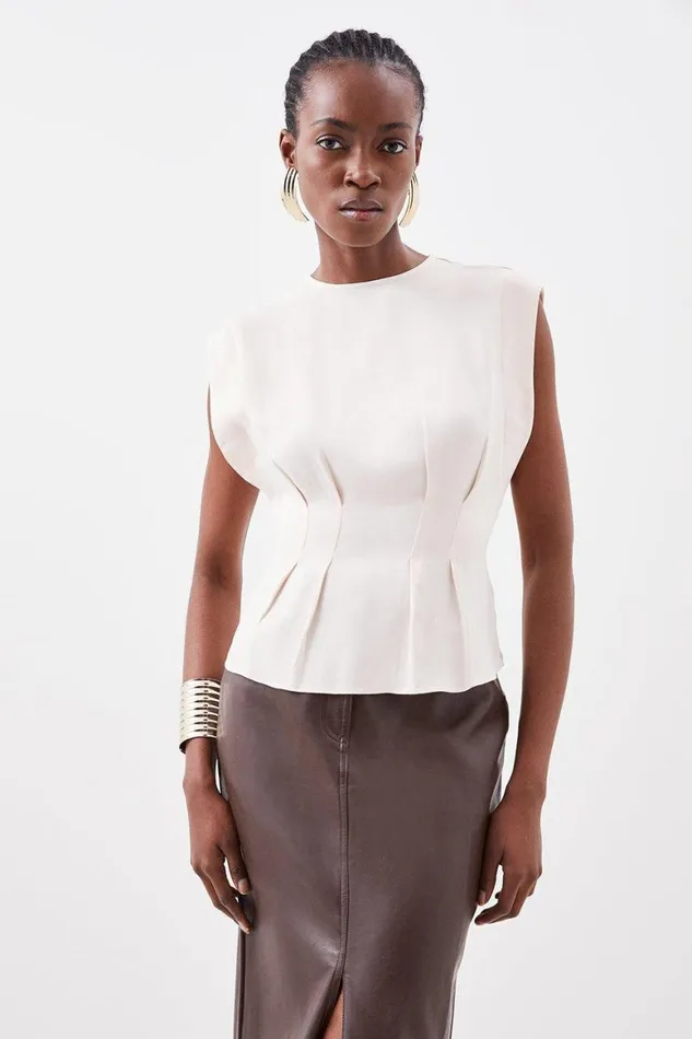 Tops Women Karen Millen Viscose Satin Power Shoulder Sleeveless Top Cream