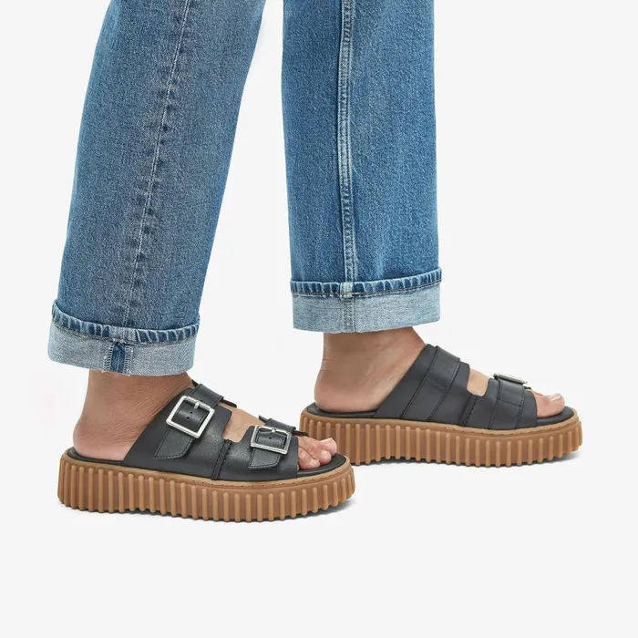 Torhill Slide Black Leather Women Clarks Platforms