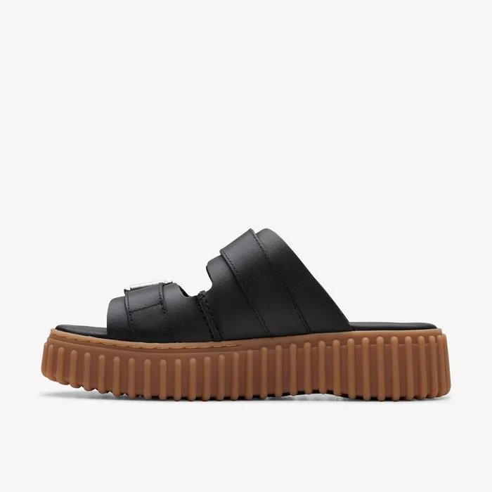 Torhill Slide Black Leather Women Clarks Platforms