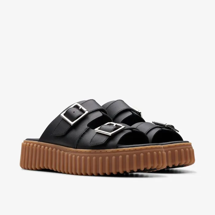 Torhill Slide Black Leather Women Clarks Platforms