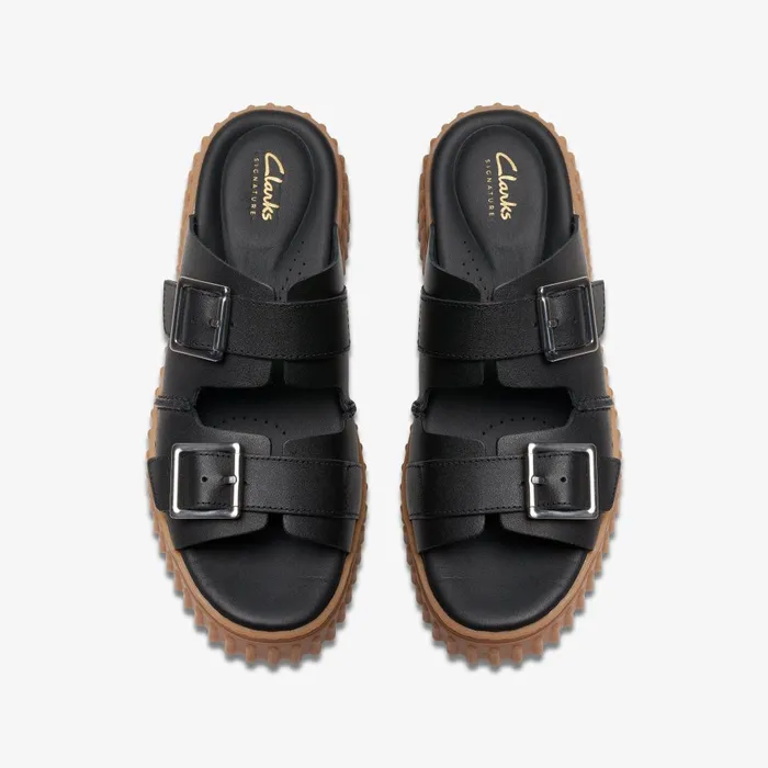 Torhill Slide Black Leather Women Clarks Platforms