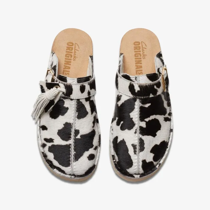 Trek Mule Cow Print HairOn Women Clarks Clogs and Mules