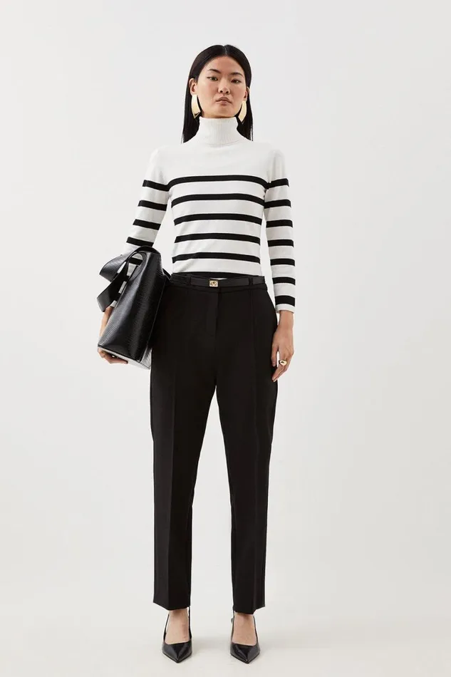 Trousers Women Karen Millen Compact Stretch Tailored Waist Detail Straight Leg Trousers Black
