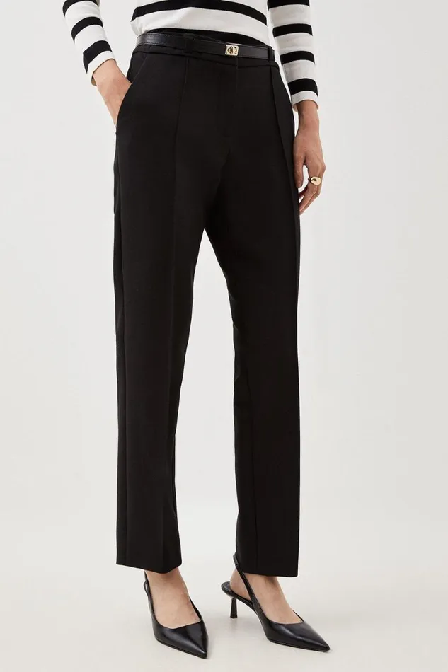 Trousers Women Karen Millen Compact Stretch Tailored Waist Detail Straight Leg Trousers Black