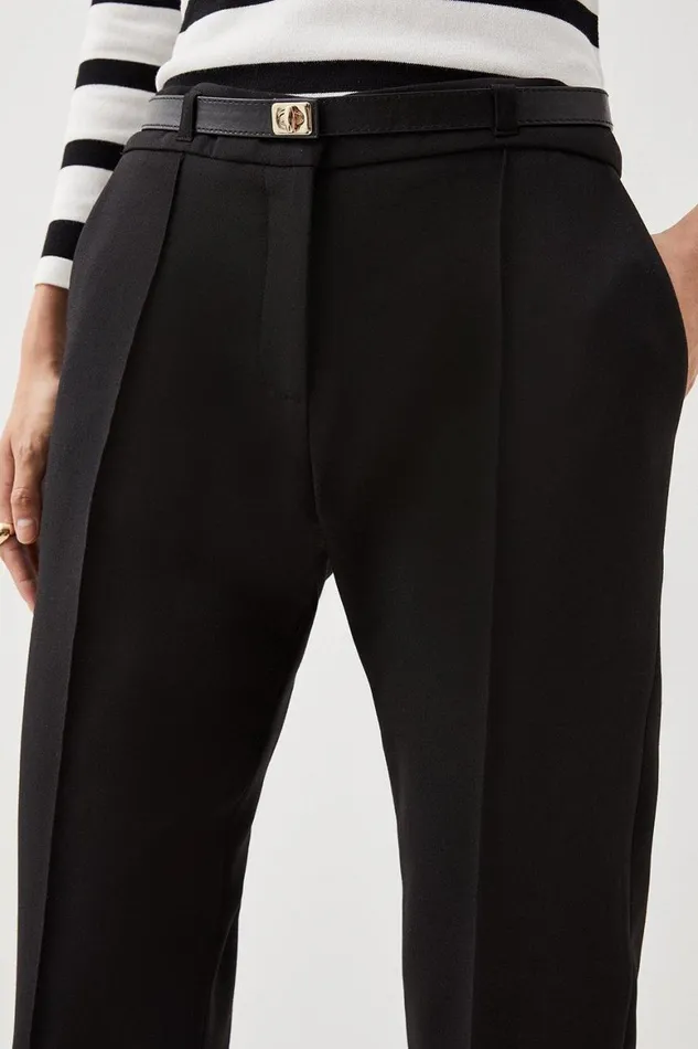 Trousers Women Karen Millen Compact Stretch Tailored Waist Detail Straight Leg Trousers Black