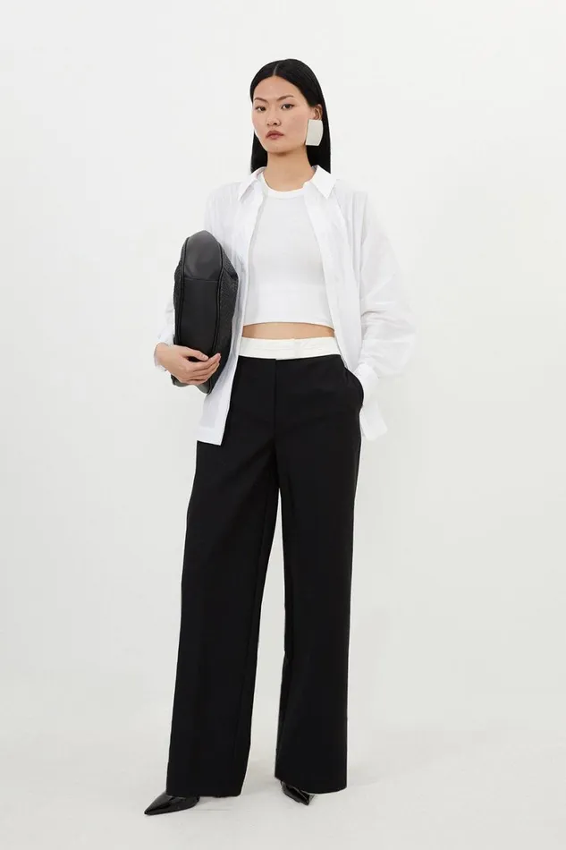 Trousers Women Karen Millen Contrast Waistband Techno Cotton Woven Wide Leg Trouser Black