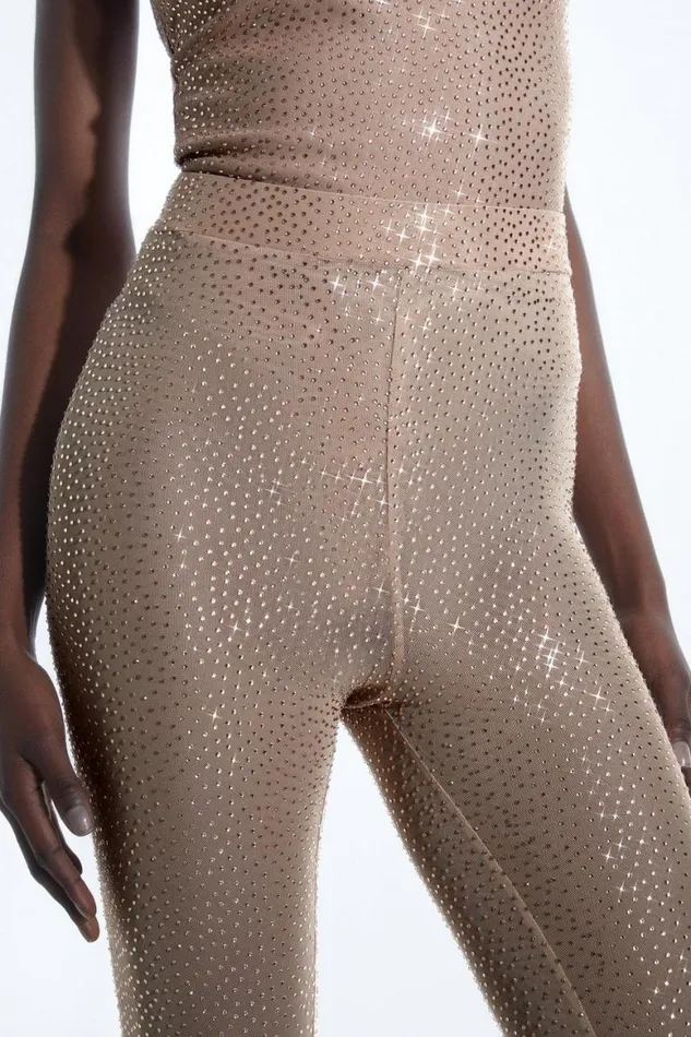 Trousers Women Karen Millen Embellished Jersey Mesh Legging Nude