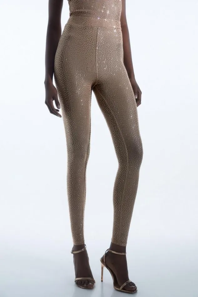 Trousers Women Karen Millen Embellished Jersey Mesh Legging Nude