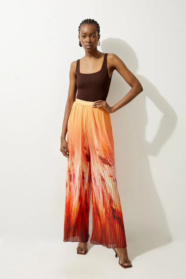 Trousers Women Karen Millen Feather Border Print Pleated Wide Leg Trouser Orange
