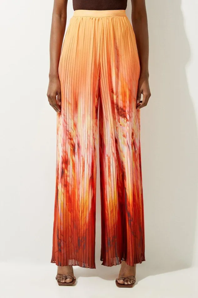 Trousers Women Karen Millen Feather Border Print Pleated Wide Leg Trouser Orange