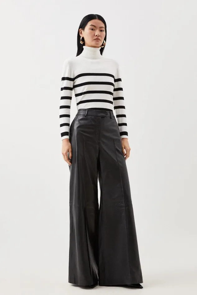 Trousers Women Karen Millen Leather Wide Leg Trousers Black