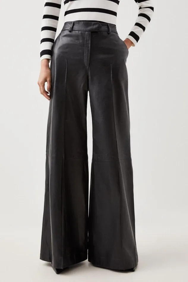 Trousers Women Karen Millen Leather Wide Leg Trousers Black