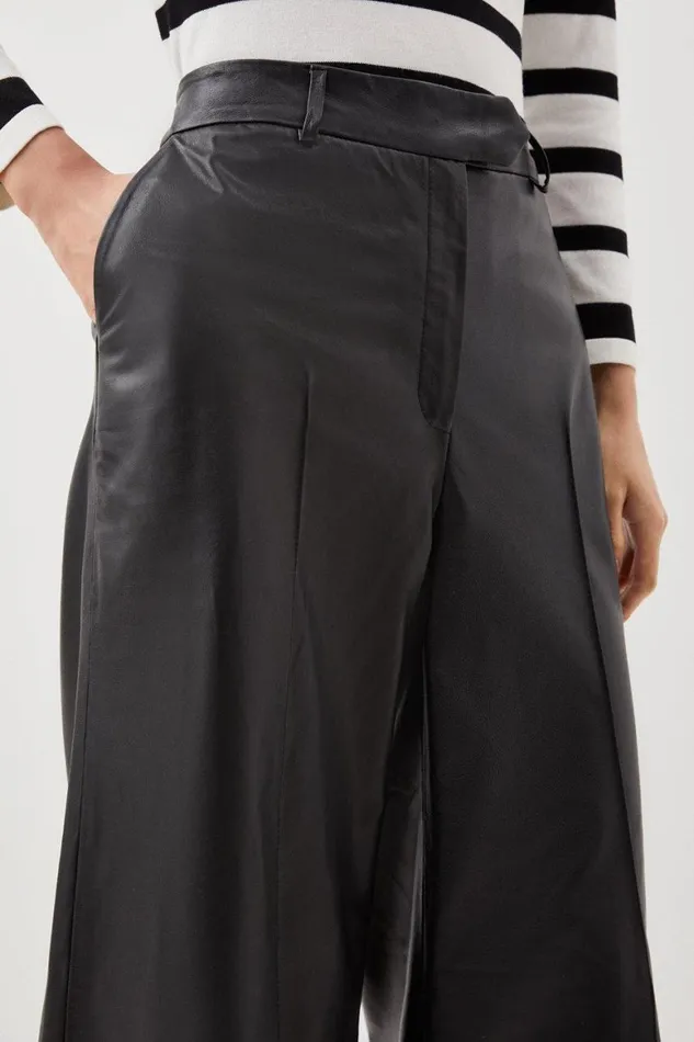 Trousers Women Karen Millen Leather Wide Leg Trousers Black