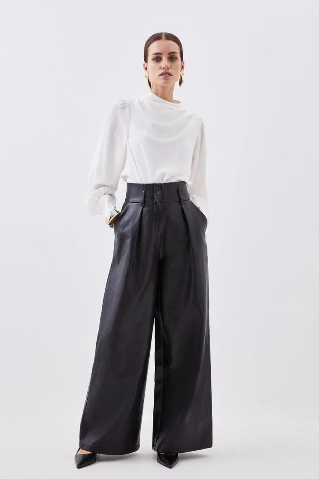 Trousers Women Karen Millen Petite Faux Leather High Waisted Wide Leg Trousers Black