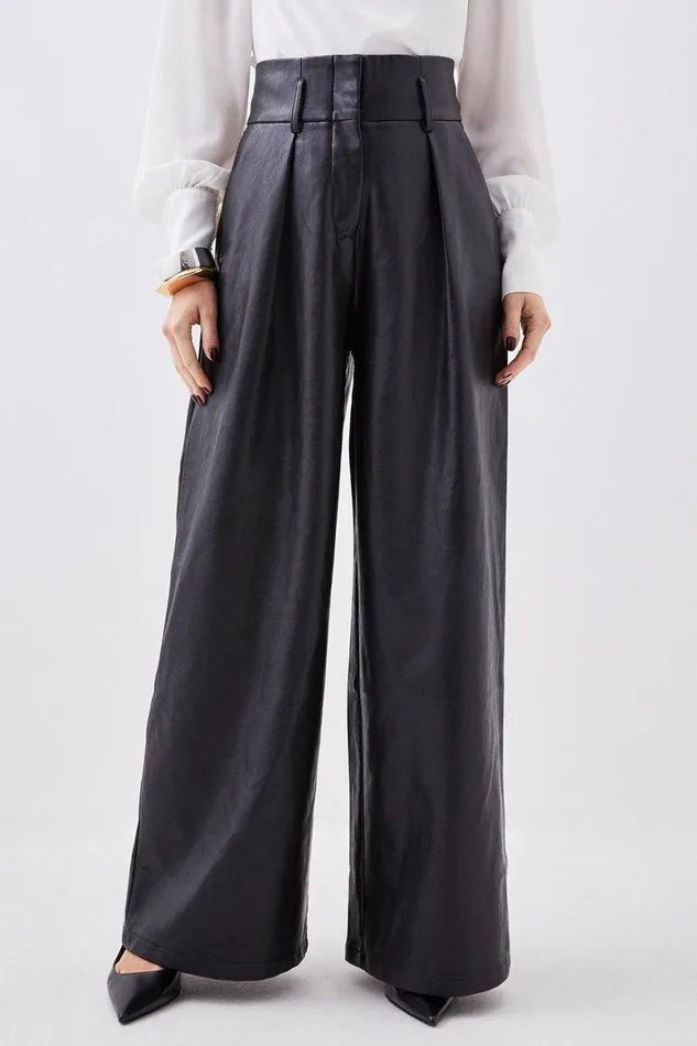 Trousers Women Karen Millen Petite Faux Leather High Waisted Wide Leg Trousers Black