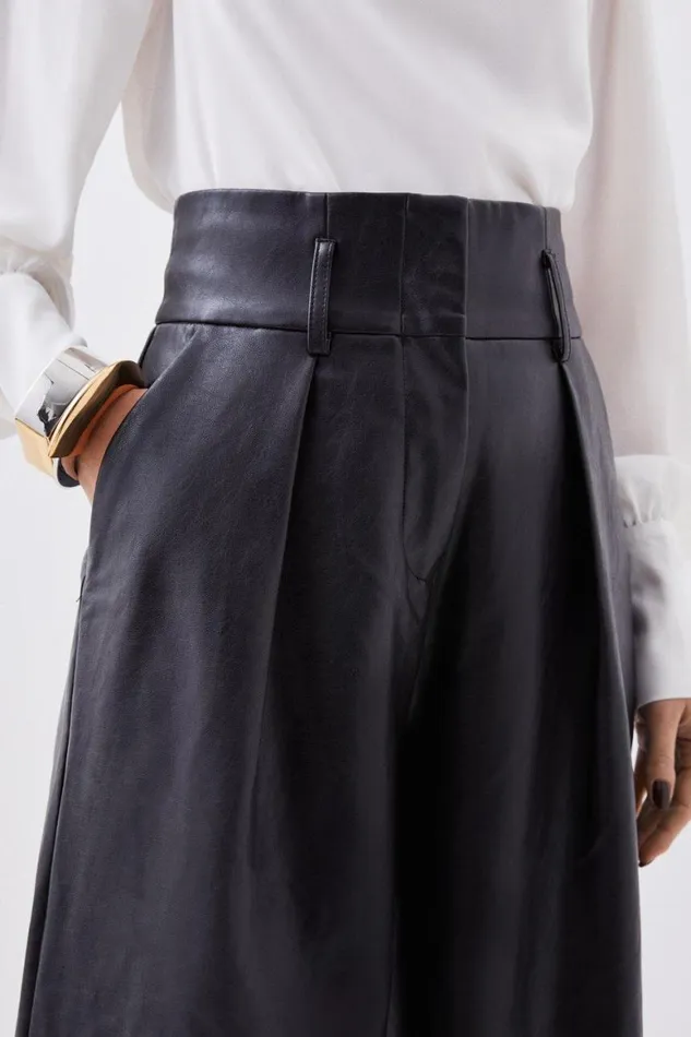 Trousers Women Karen Millen Petite Faux Leather High Waisted Wide Leg Trousers Black