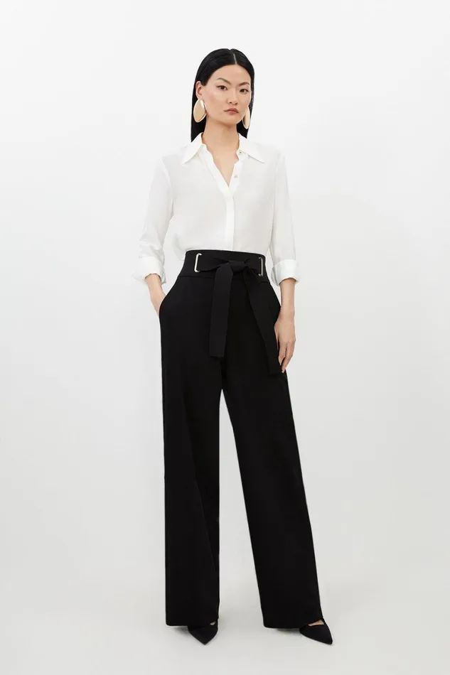Trousers Women Karen Millen Premium Viscose Linen Belted Tailored Straight Leg Trousers Black