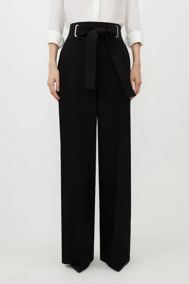 Trousers Women Karen Millen Premium Viscose Linen Belted Tailored Straight Leg Trousers Black