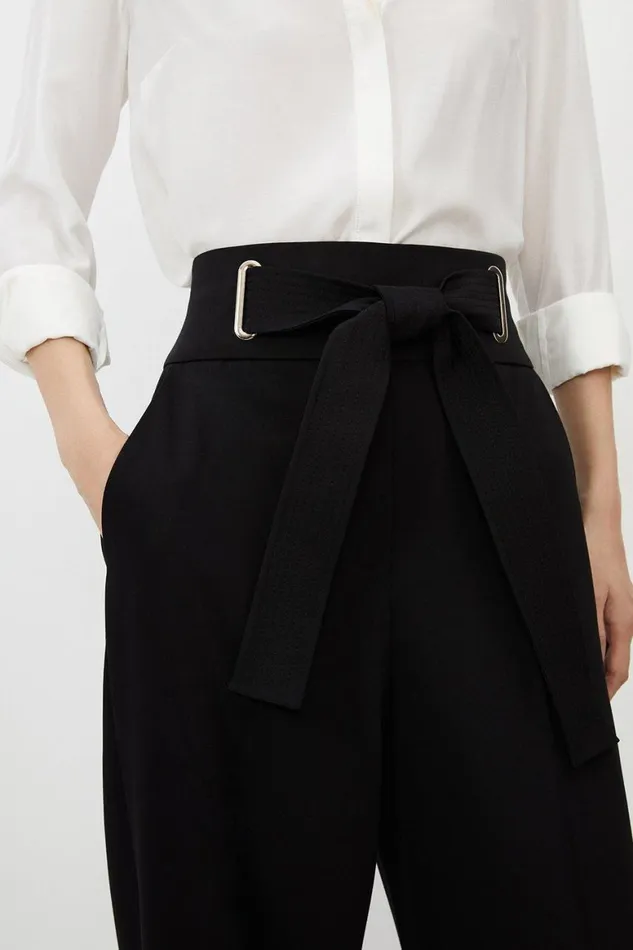 Trousers Women Karen Millen Premium Viscose Linen Belted Tailored Straight Leg Trousers Black