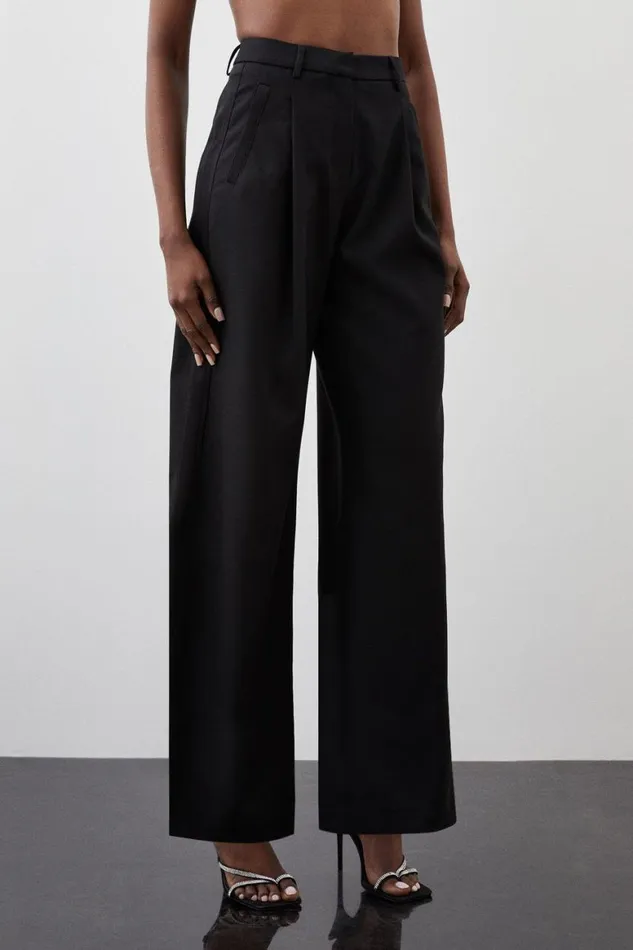 Trousers Women Karen Millen Tailored Premium Twill High Waisted Straight Leg Trousers Black