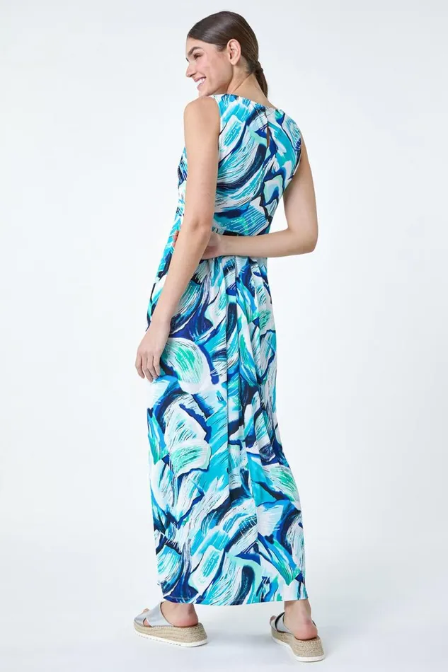 Turquoise Abstract Print V Neck Maxi Dress Women Roman Dresses