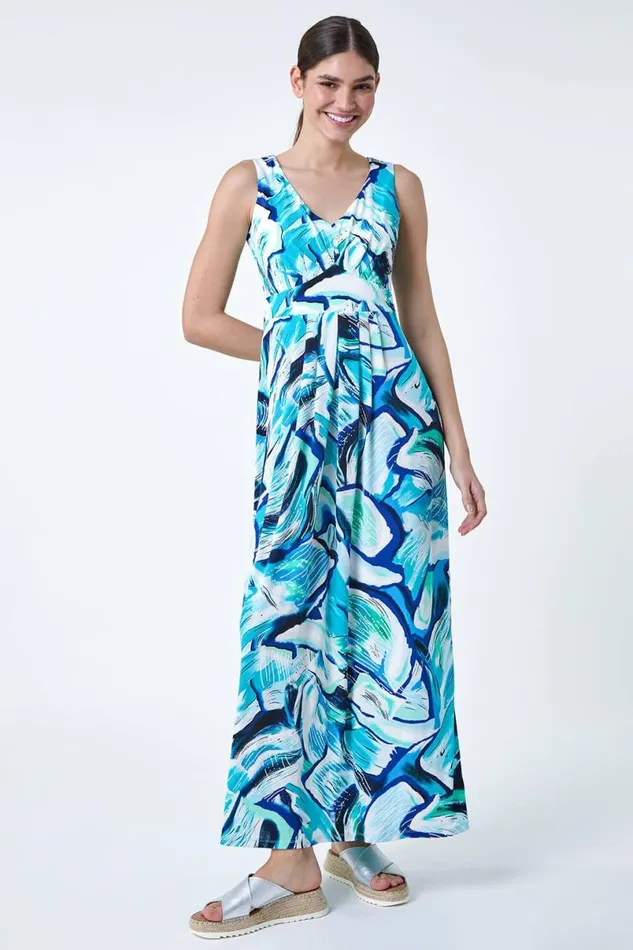 Turquoise Abstract Print V Neck Maxi Dress Women Roman Dresses