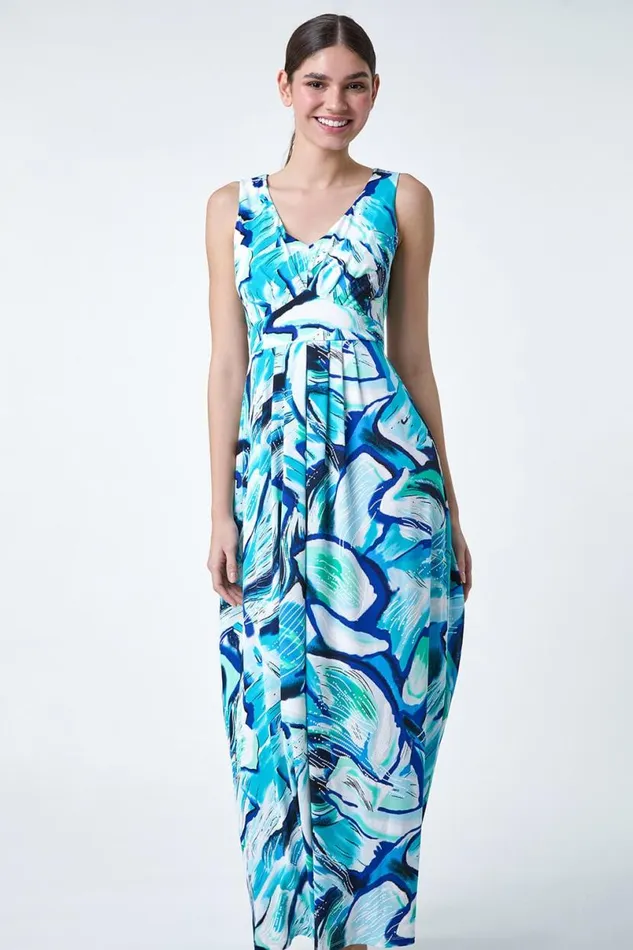 Turquoise Abstract Print V Neck Maxi Dress Women Roman Dresses