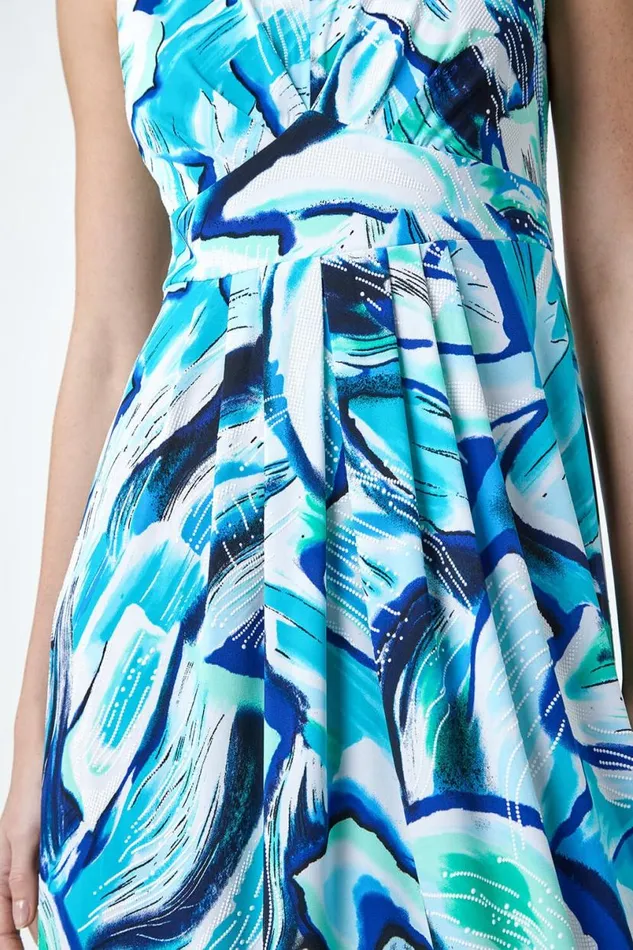 Turquoise Abstract Print V Neck Maxi Dress Women Roman Dresses