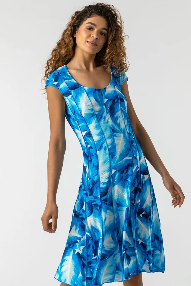 Turquoise Leaf Print Panel Dress Women Roman Dresses