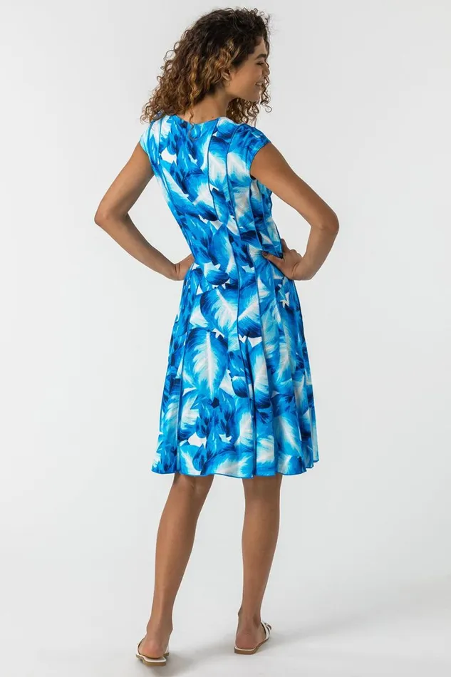 Turquoise Leaf Print Panel Dress Women Roman Dresses