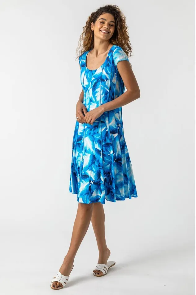 Turquoise Leaf Print Panel Dress Women Roman Dresses