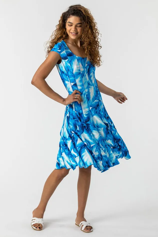Turquoise Leaf Print Panel Dress Women Roman Dresses