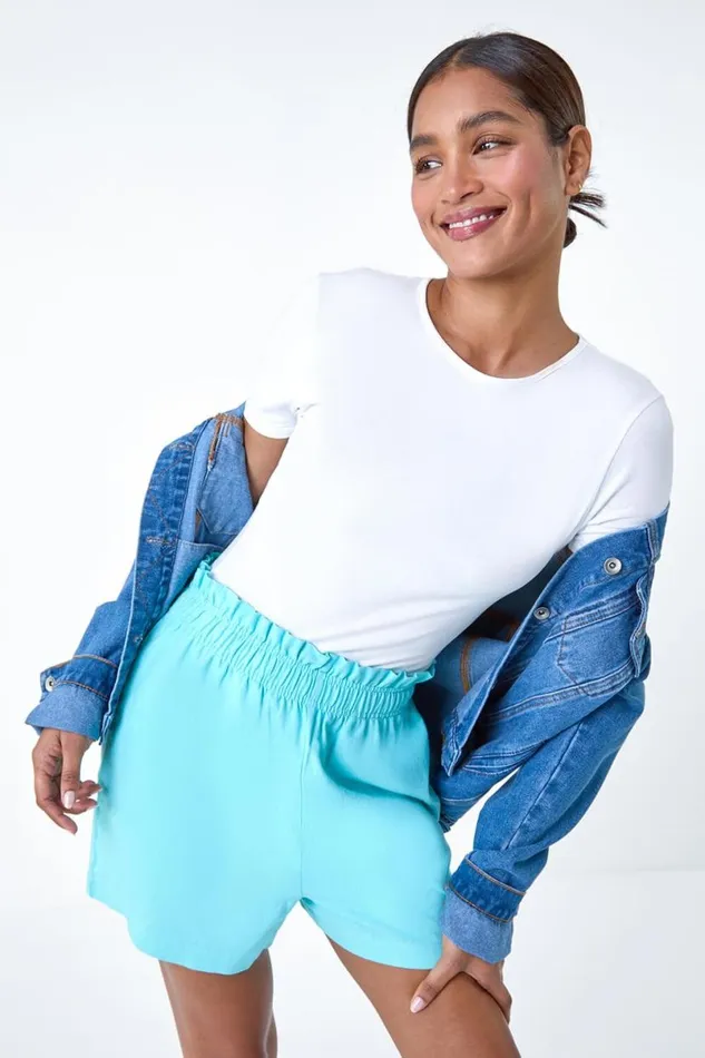 Turquoise Linen Blend Elastic Waist Pocket Shorts Women Roman Shorts