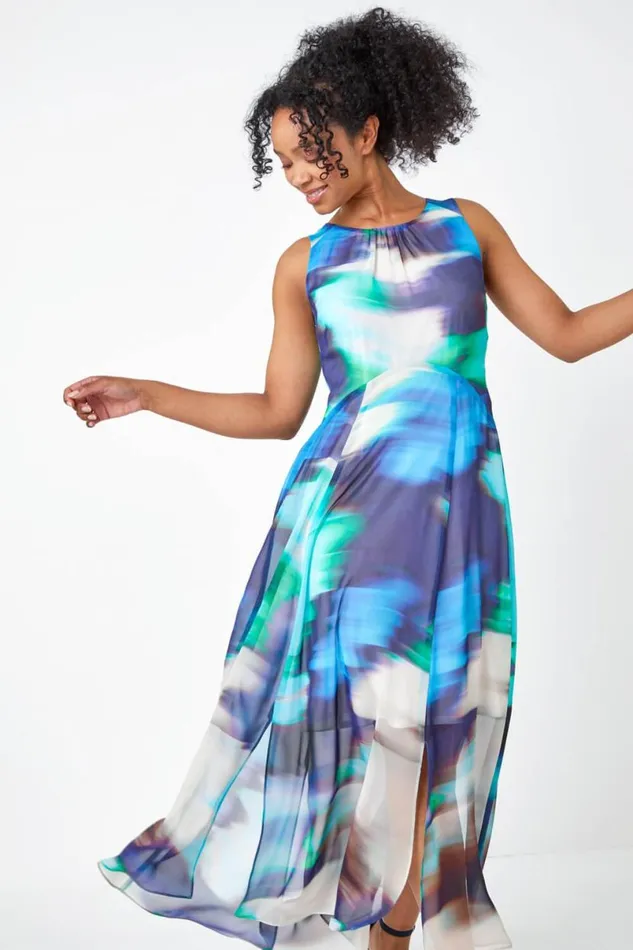 Turquoise Petite Abstract Print Maxi Dress Women Roman Dresses