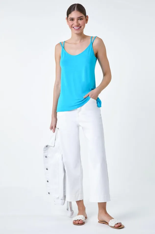 Turquoise Plain Double Strap VNeck Stretch Vest Top Women Roman Tops
