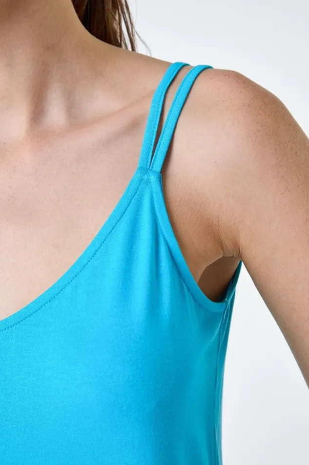 Turquoise Plain Double Strap VNeck Stretch Vest Top Women Roman Tops