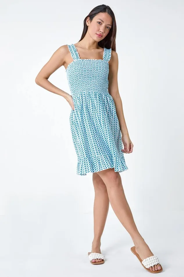 Turquoise Zig Zag Print Shirred Cotton Dress Women Roman Dresses