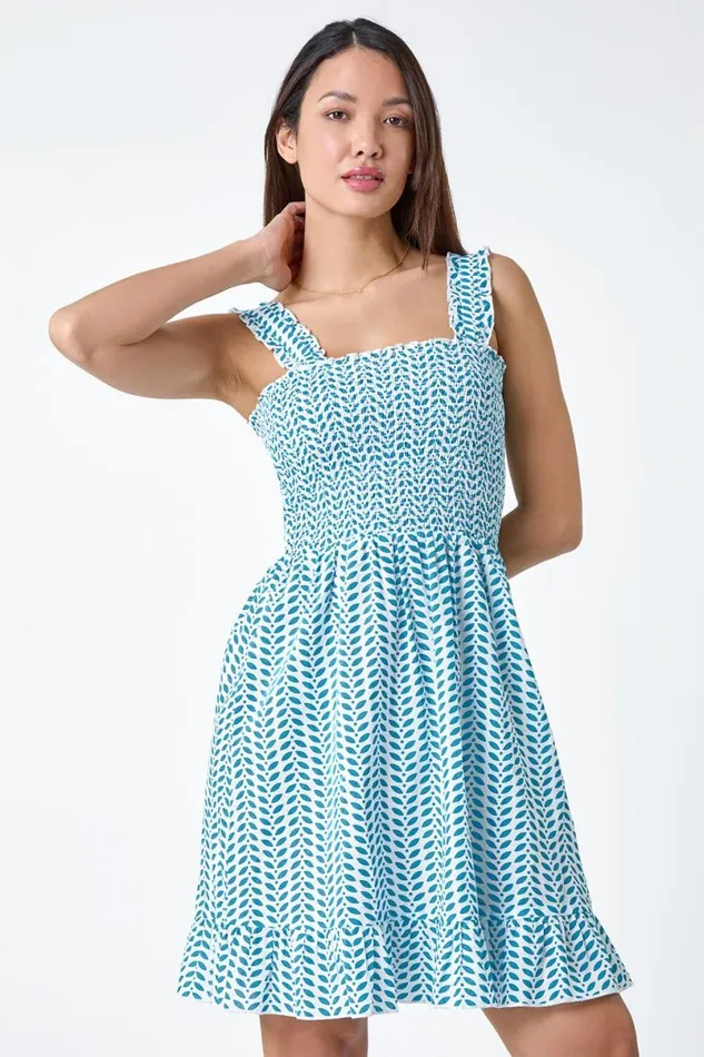 Turquoise Zig Zag Print Shirred Cotton Dress Women Roman Dresses