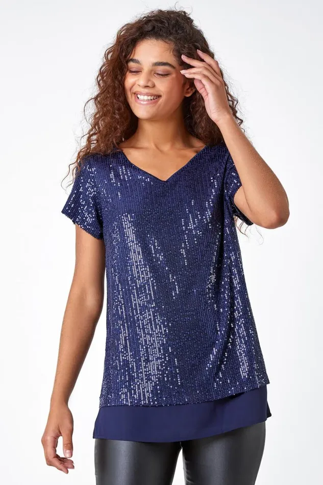 VNeck Sequin Contrast Hem Tunic Stretch Top Women Roman Tops