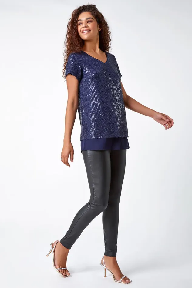 VNeck Sequin Contrast Hem Tunic Stretch Top Women Roman Tops