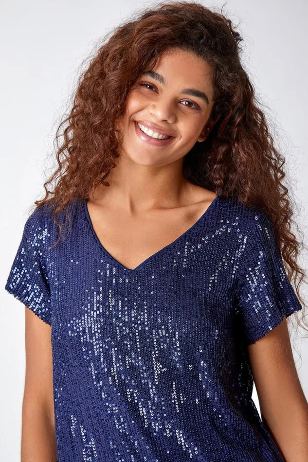 VNeck Sequin Contrast Hem Tunic Stretch Top Women Roman Tops