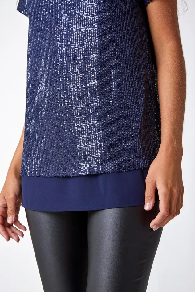 VNeck Sequin Contrast Hem Tunic Stretch Top Women Roman Tops