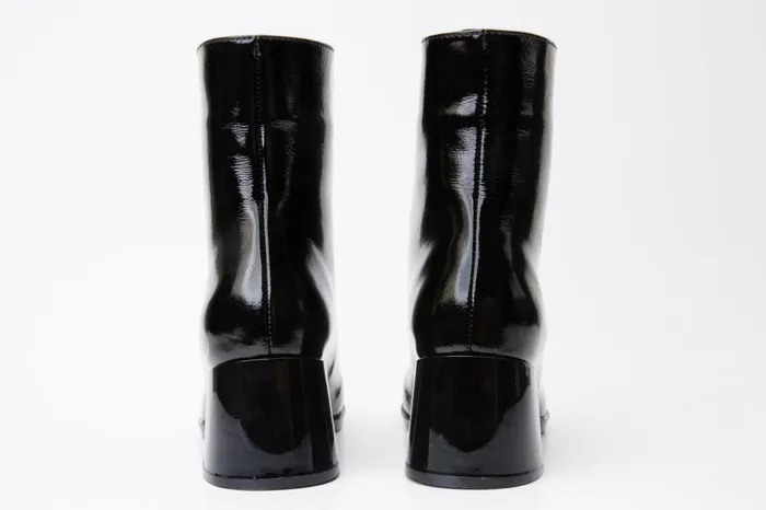 Vinci Leather Boots and Booties The Tackle Black Patent Leather Block Heel Boot 8211 Women
