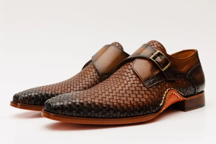 Vinci Leather Dress Shoes The Rolls Woven Tan Leather Single Monk Strap Handmade Shoe 8211 Men