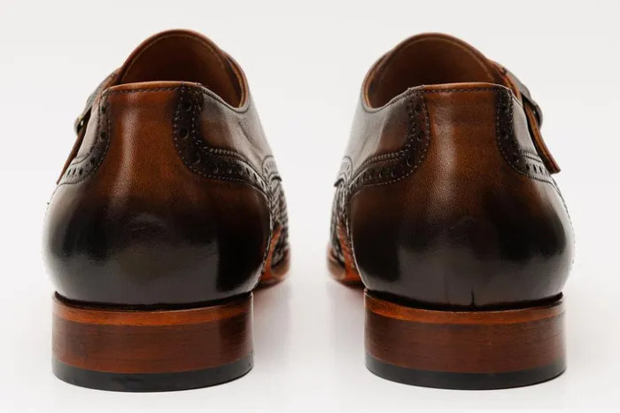 Vinci Leather Dress Shoes The Rolls Woven Tan Leather Single Monk Strap Handmade Shoe 8211 Men