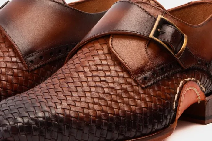 Vinci Leather Dress Shoes The Rolls Woven Tan Leather Single Monk Strap Handmade Shoe 8211 Men