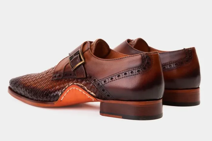 Vinci Leather Dress Shoes The Rolls Woven Tan Leather Single Monk Strap Handmade Shoe 8211 Men