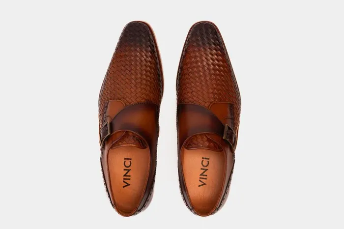 Vinci Leather Dress Shoes The Rolls Woven Tan Leather Single Monk Strap Handmade Shoe 8211 Men