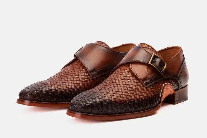 Vinci Leather Dress Shoes The Rolls Woven Tan Leather Single Monk Strap Handmade Shoe 8211 Men