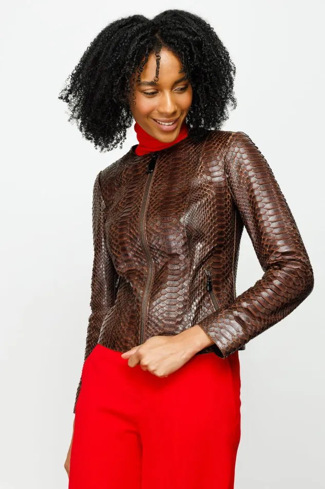 Vinci Leather Leather Jackets The Mekke Pythn Skin Leather Jacket Brown 8211 Women